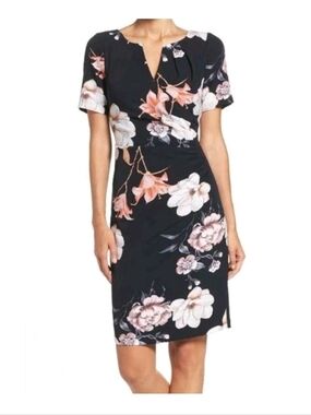 Adrianna Papell Black Floral V-Neck Dress with Pink and Cream Blooms